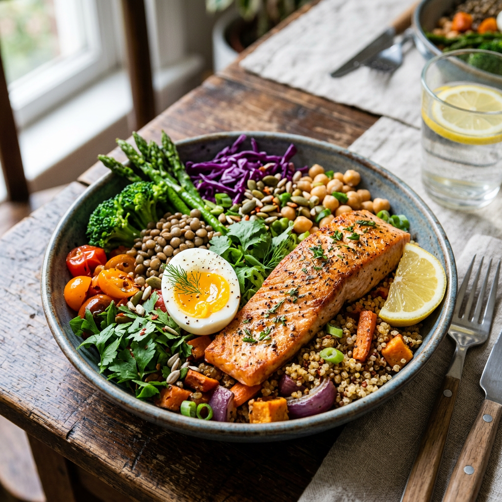 Grain bowl with salmon, vegetables, legumes, greens, egg, and lemon